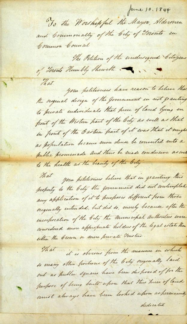 Letter from John Toronto et al, to the Worshipful the Mayor, Aldermen and Commonalty of the City of Toronto in Common Council , 10 June 1844