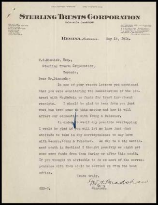Letter from Geo. H. Bradshaw, Sterling Trusts Corporation, Regina, to W.S. Dinnick