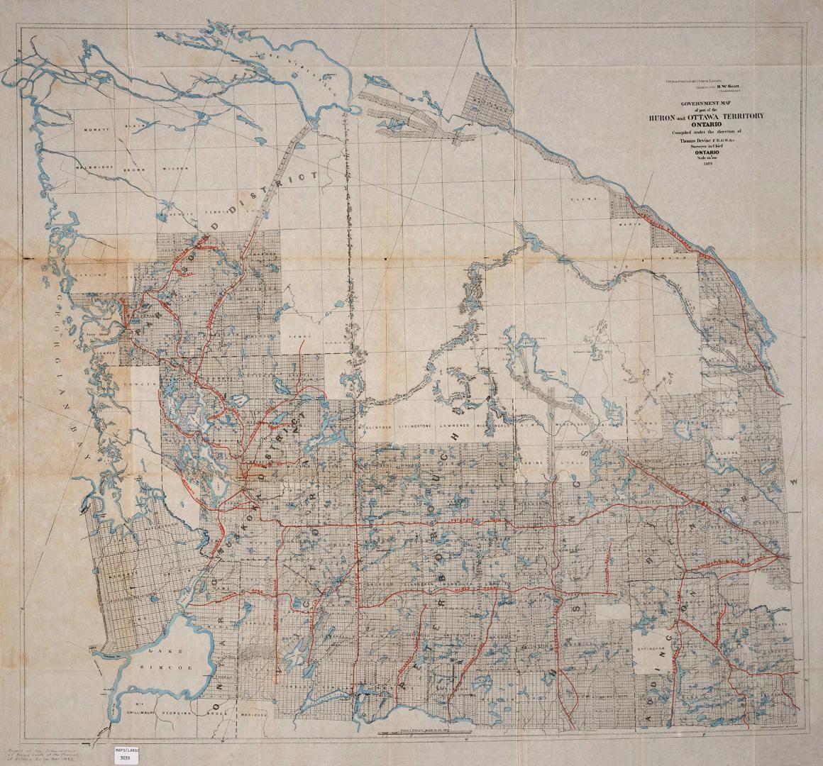 Illustrated government map of depicting part of the Huron and Ottawa Territory in Ontario. 