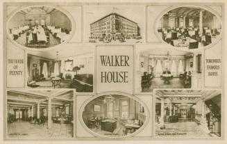 Black and white photo postcard showing photos of the breakfast room, hotel exterior, dining roo ...