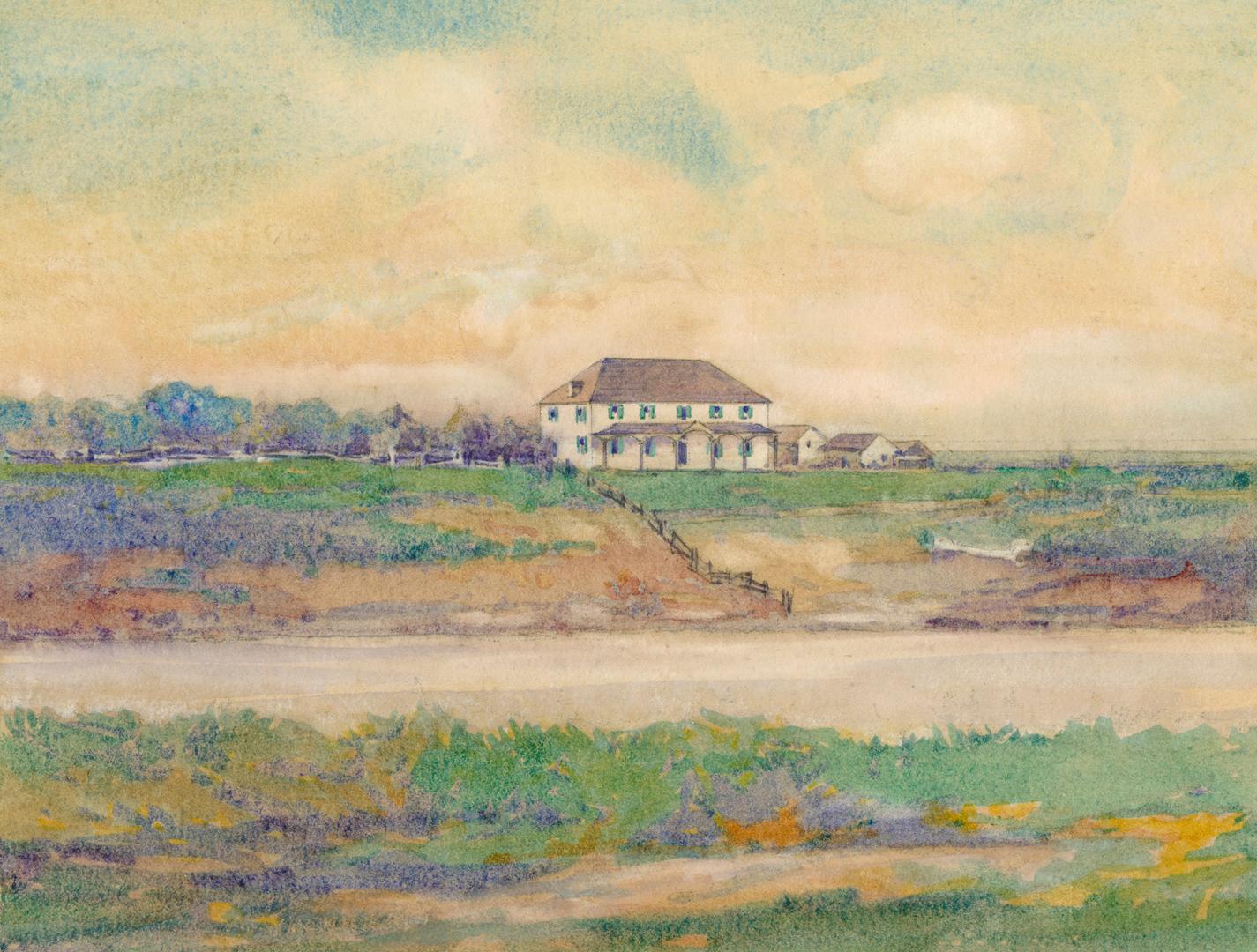 A drawing of a house on a hill above a river.