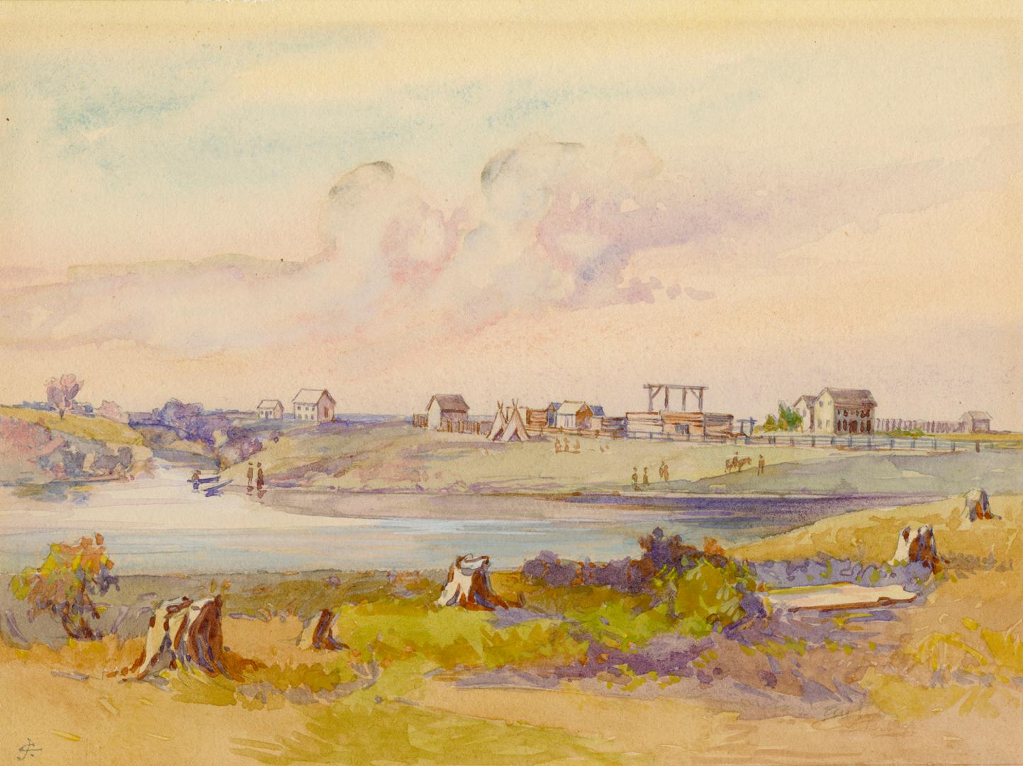 A drawing of a group of buildings on a small hill next to a river.