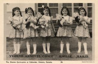 Black and white picture of five identical girls holding baby dolls.