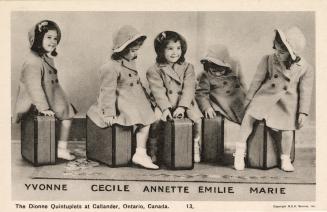 Five identical little girls with suitcases wearing matching coats and hats.