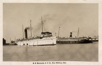 Black and white photograph of a docked, white steamship. 