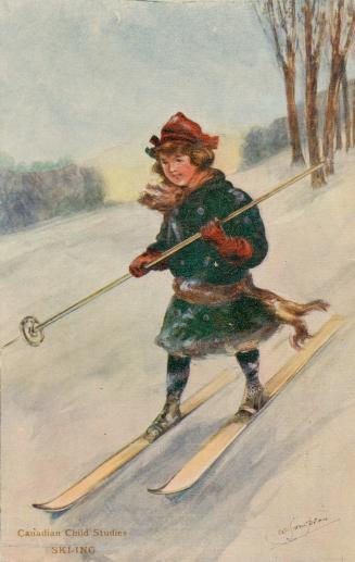 Card uses a painting of a child in a green coat and red hat skiing downhill.
