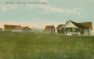 Colorized photograph of farm buildings.
