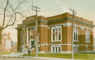 Colorized photograph of a red brick public building with two columns surrounding the front entr ...
