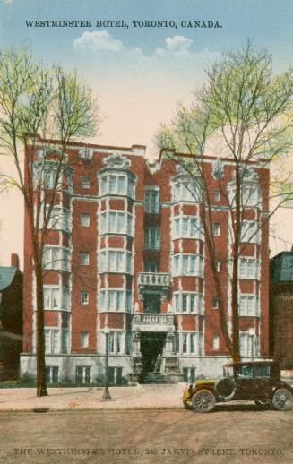 Colorized photograph of a six story hotel building with bay windows.