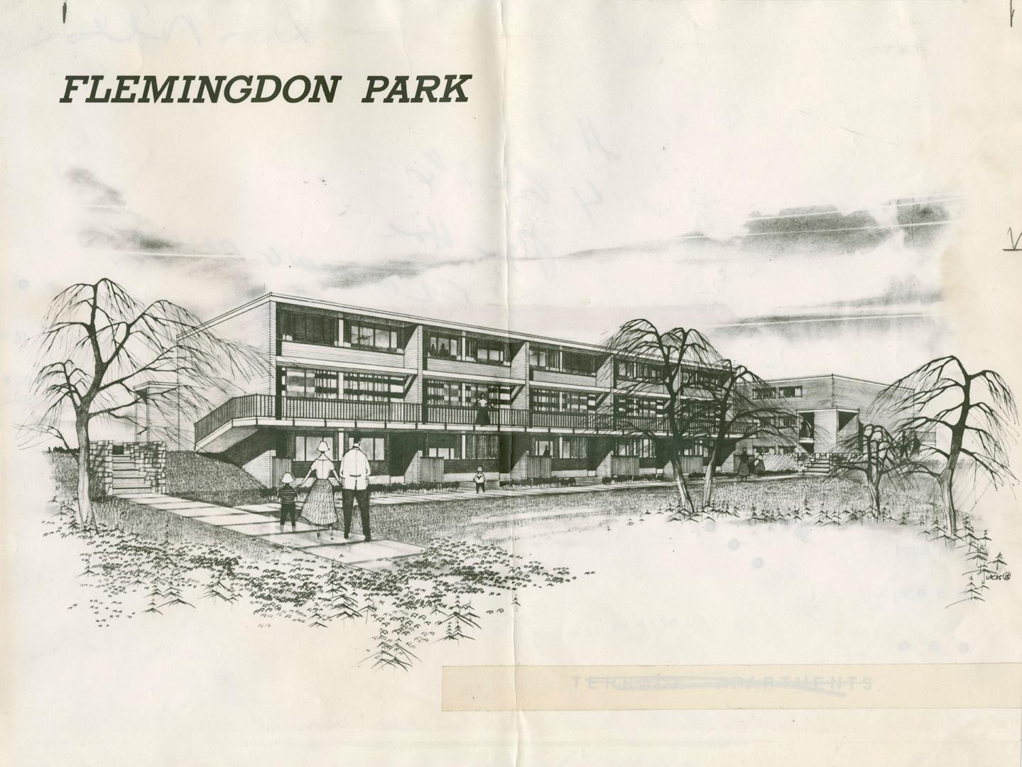 Architectural rendering of terrace apartments planned for Flemingdon Park (black and white).