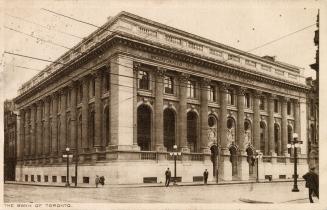 Black and white pictures of the corner of a a large bank building similar in design to a Greek  ...