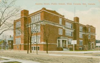 Colorized photograph of a two story rectangular school with two front entrances.