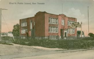Colorized photograph of a two story, &quot;T&quot; shaped school building