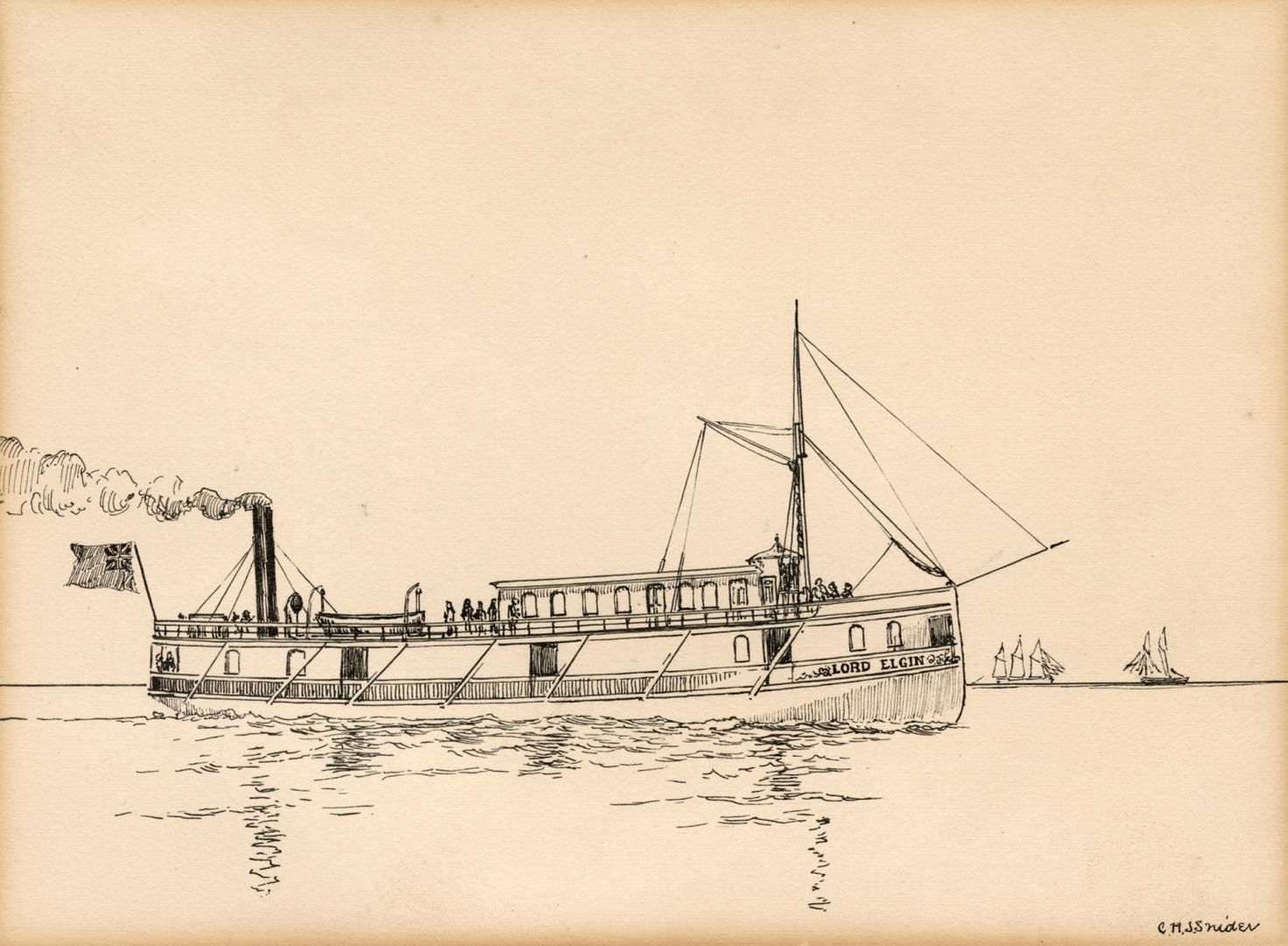 An illustration of a steamboat on a body of water, with two boats faintly visible far off in th ...