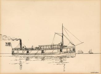 An illustration of a steamboat on a body of water, with two boats faintly visible far off in th ...