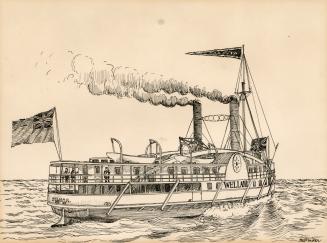 An illustration of a steamboat in a body of water. The word &quot;Welland&quot; is written on t ...