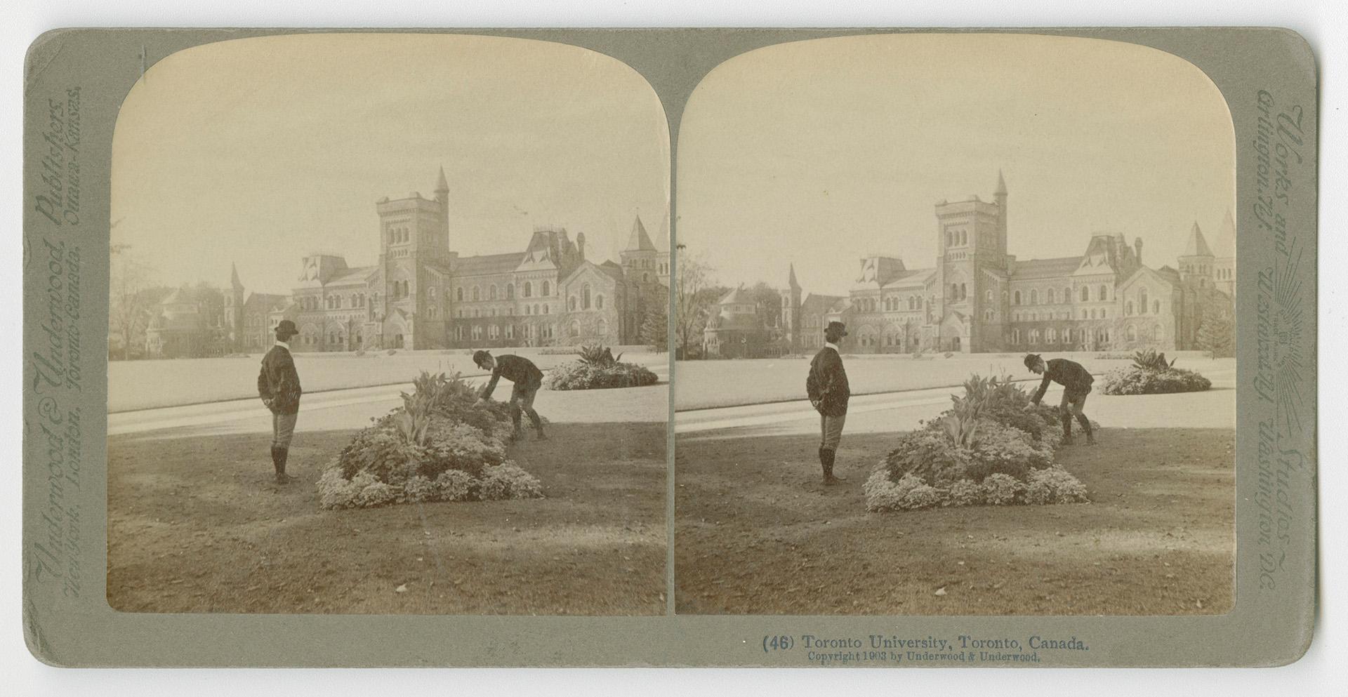 Pictures show two men admiring a flower bed in front of a huge, gothic school building