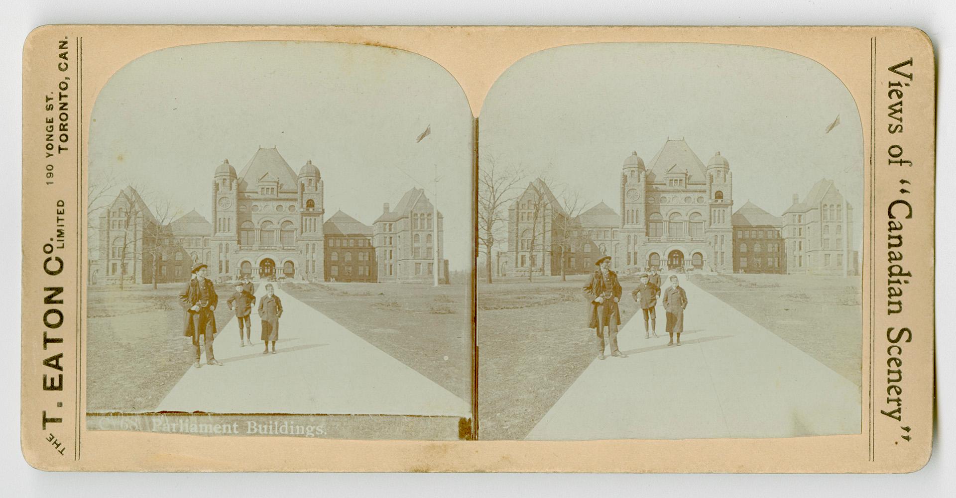 Pictures show three people standing on a path in front a huge Ricardsonian Romanesque building.