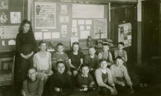 Picture of a group of children seated, with one standing, in front of a display board in the li ...