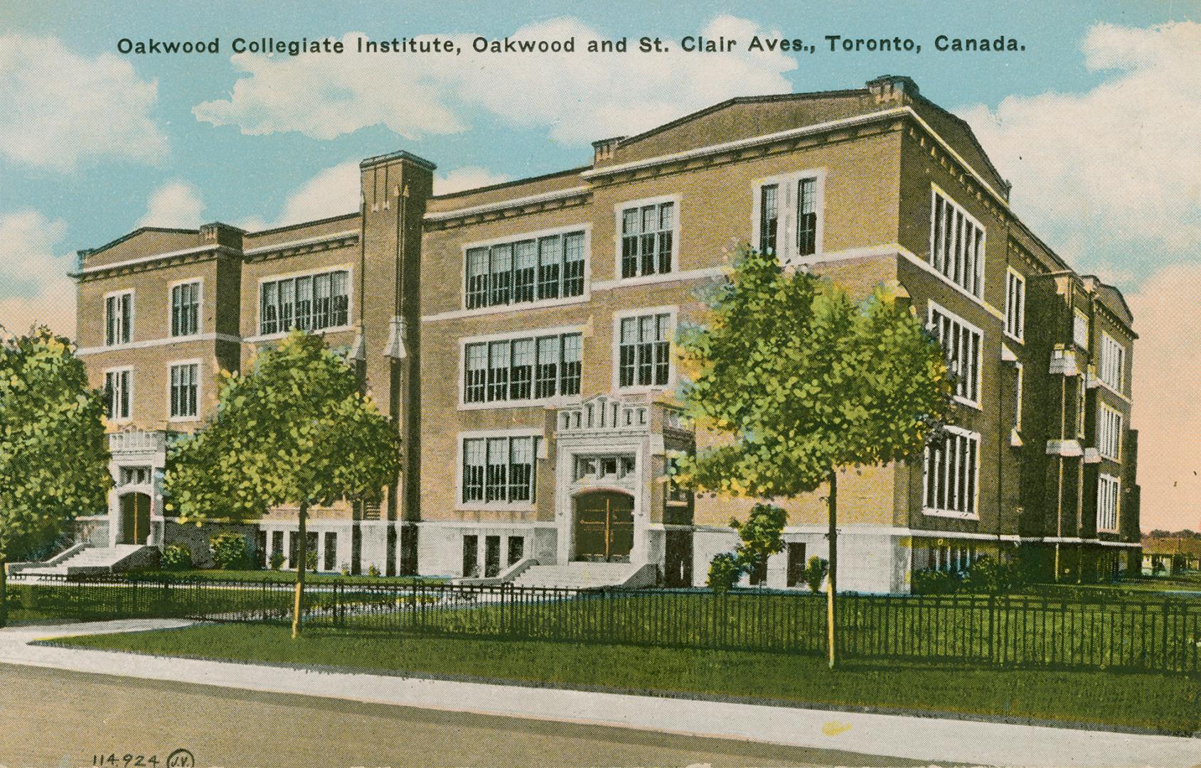 Colorized photograph of a three story collegiate building.