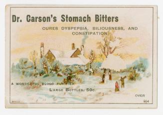 Colour card advertisement depicting an illustration of a wintery farmhouse with text stating, " ...
