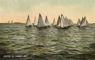 Colorized photograph of many sailboats together on open water.