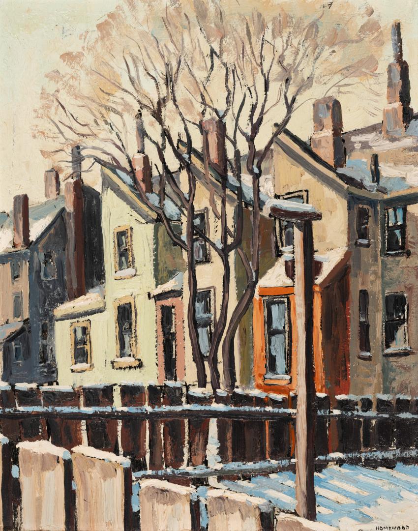 A painting of a view of the back of a row of two-story townhouses, with fences dividing their b ...