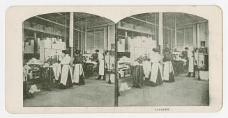 Two photographs of a laundry room, with men and women working at washing machines and other app ...
