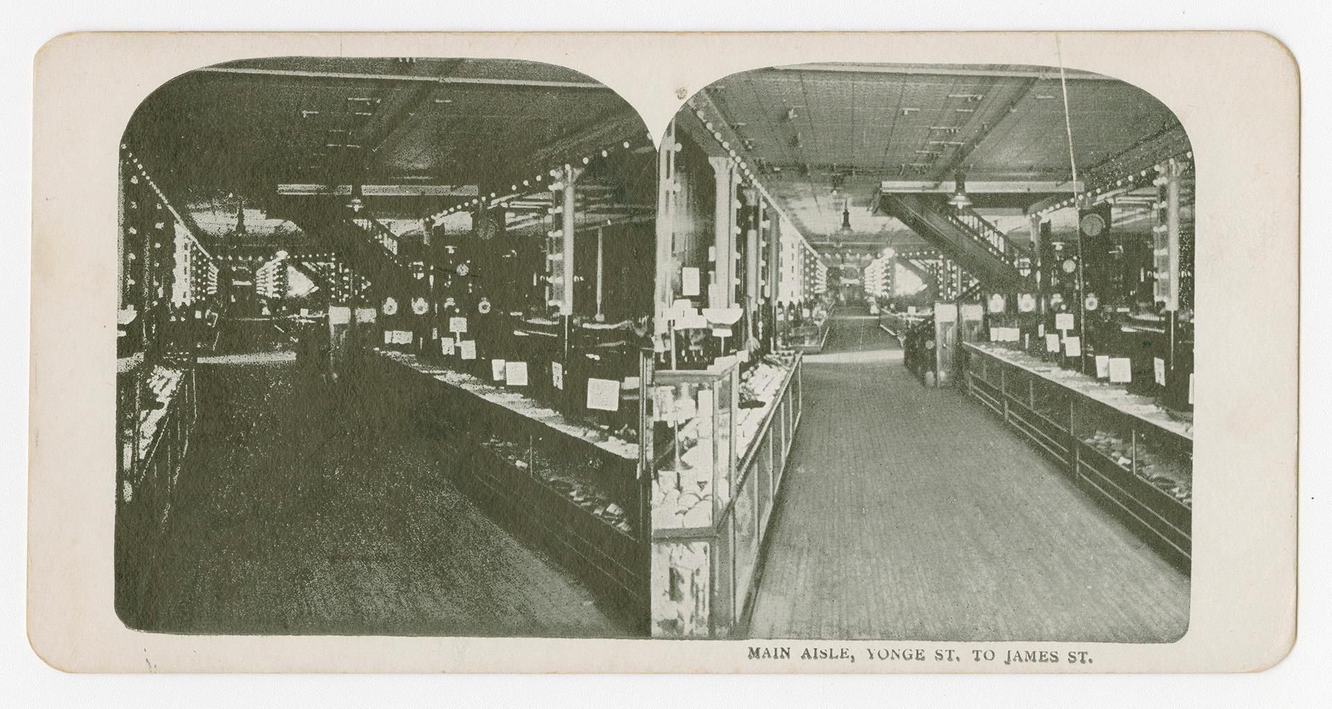 Two photographs of the interior of a retail store, with various items on display on shelves and ...