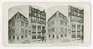 Photographs of the exteriors of two stores, one situated at the corner of an intersection and t ...