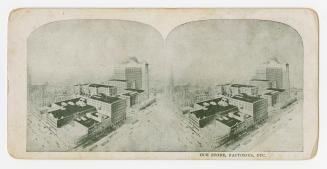 Two drawings of an aerial view of a large factory and complex of buildings located in the middl ...