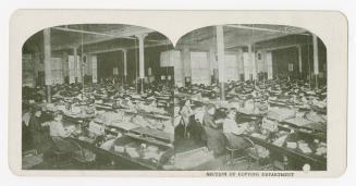 Two photographs of the interior of a room where a large number of people are working at desks w ...