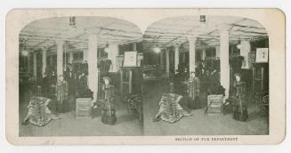 Two photographs of the interior of a retail store, with animal furs and fur coats on display on ...