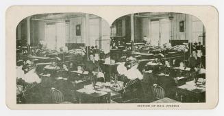 Two photographs of the interior of a room where several people are working at desks with typewr ...