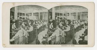 Two photographs of the interior of a room where several people are working at pressing boards.