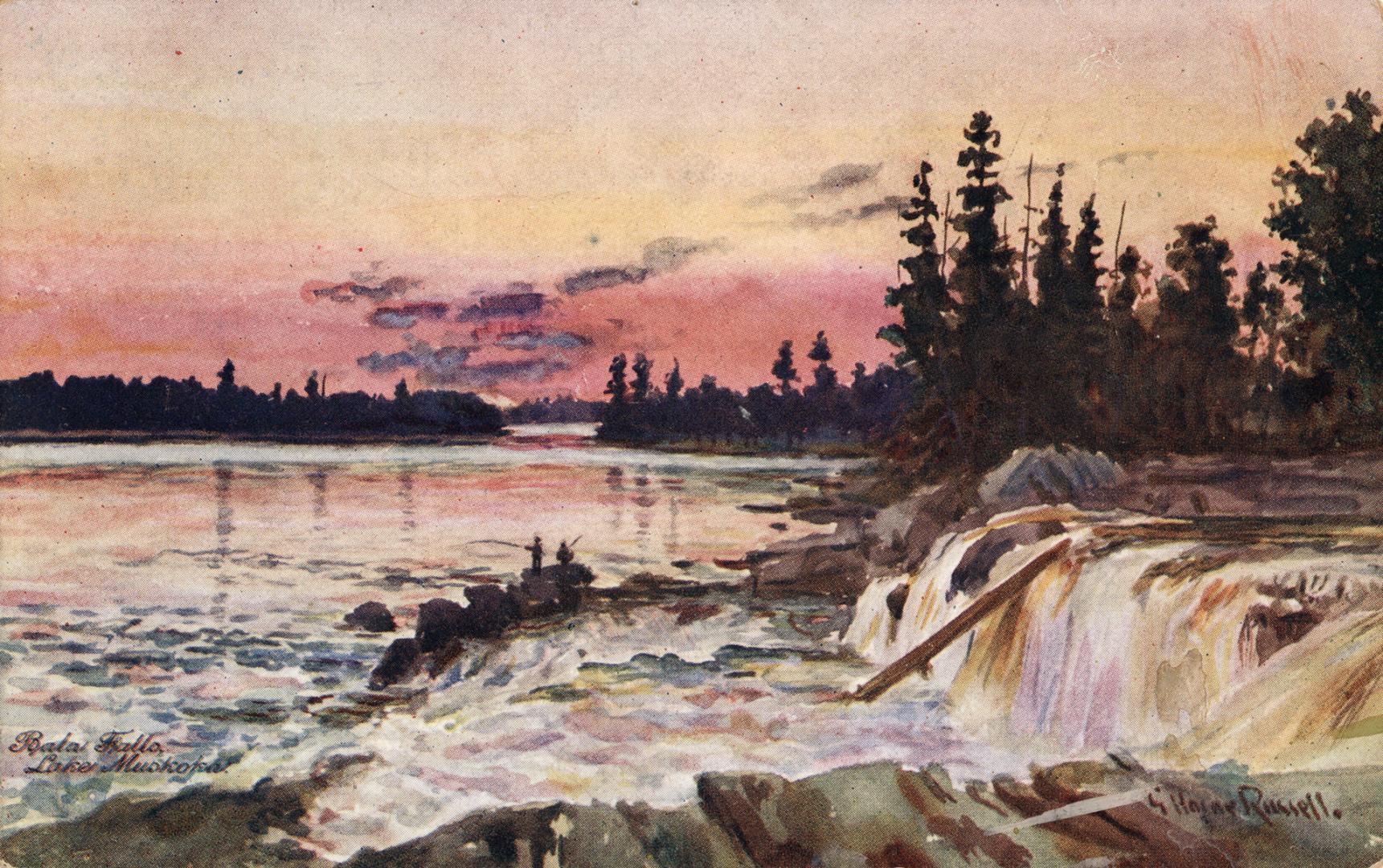 Painting by Russell of a sunset over a waterfall rushing over jagged rocks.