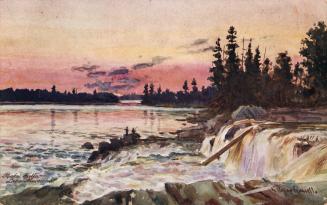 Painting by Russell of a sunset over a waterfall rushing over jagged rocks.
