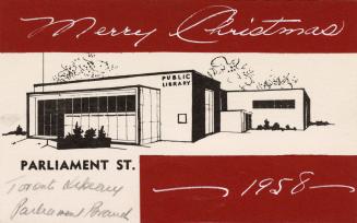 Christmas card with drawing of Parliament Street Library. 