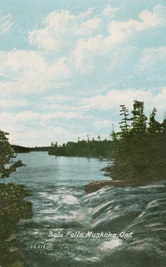 Colorized photograph of waterfalls in front of a large lake in the wilderness.