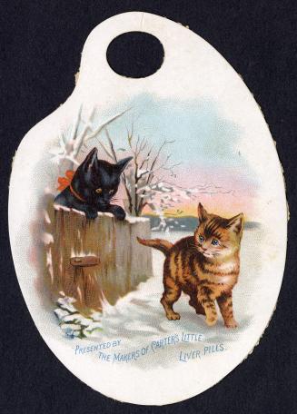 Colour trade card advertisement depicting an illustration of two cats playing in the snow. Text ...