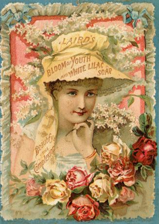 Colour trade card advertisement depicting an illustration of a lady in a bonnet with clear, pal ...