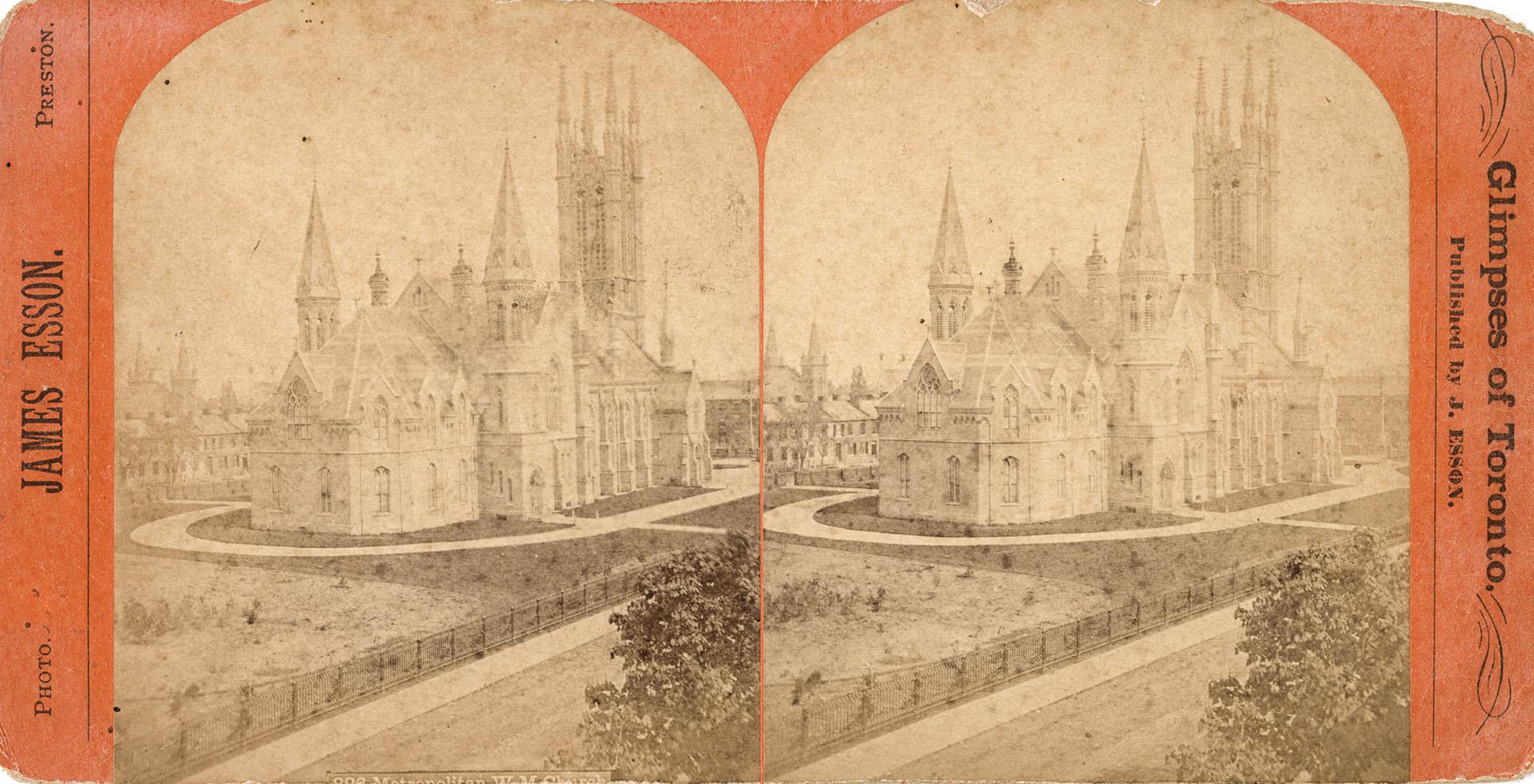 Stereo photograph showing a long range view of the very large church in the the style of French ...