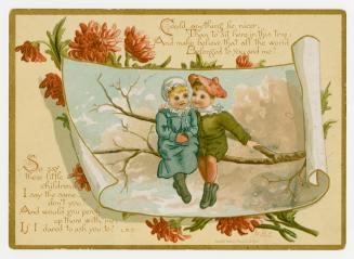 A flat card. Two children sit in the branch of a tree with sky and pastel clouds behind them. T ...