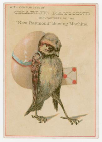 Colour trade card advertisement for the Charles Raymond sewing machine. The front of the card d ...