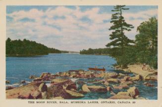 Colorized photograph of a lake. Small boat with two people floating at the shoreline.