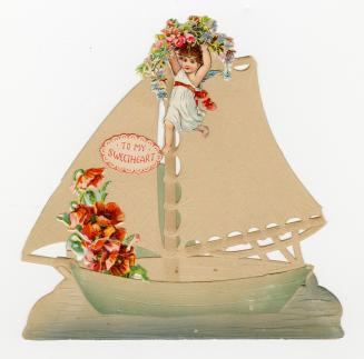 This card is shaped like a sailboat. There are flowers at one end of the boat and a cherub at t ...
