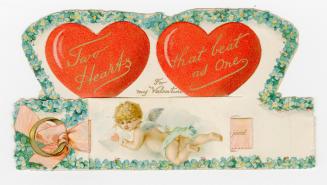 A mechanical card. Two hearts are pictured side by side with a flower border and a cherub at th ...