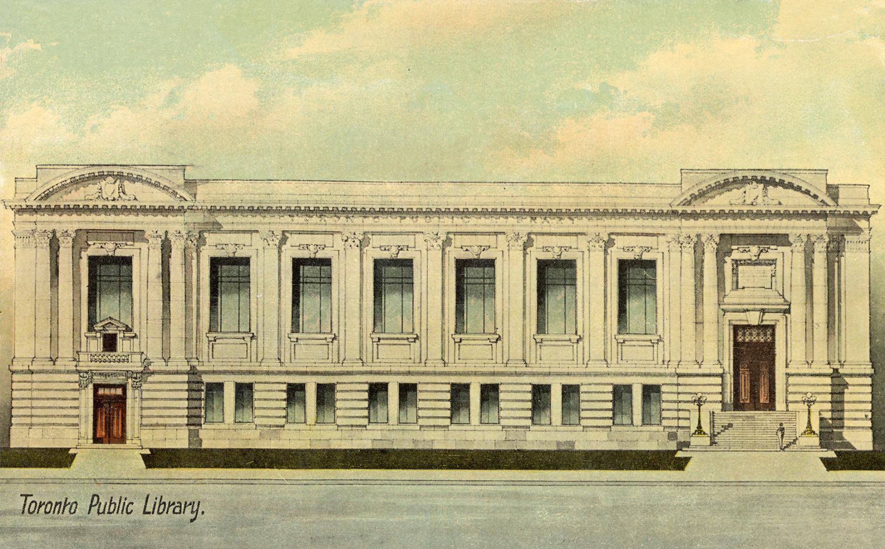 Coloured picture of a large, neoclassical building.
