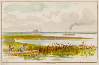 Colour trade card advertisement depicting a shoreline with two people in a canoe with caption " ...
