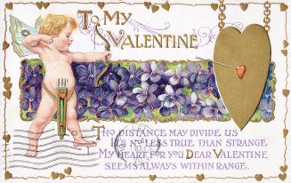 A cherub shoots an arrow into the centre of a heart-shaped target. Purple flowers are behind hi ...